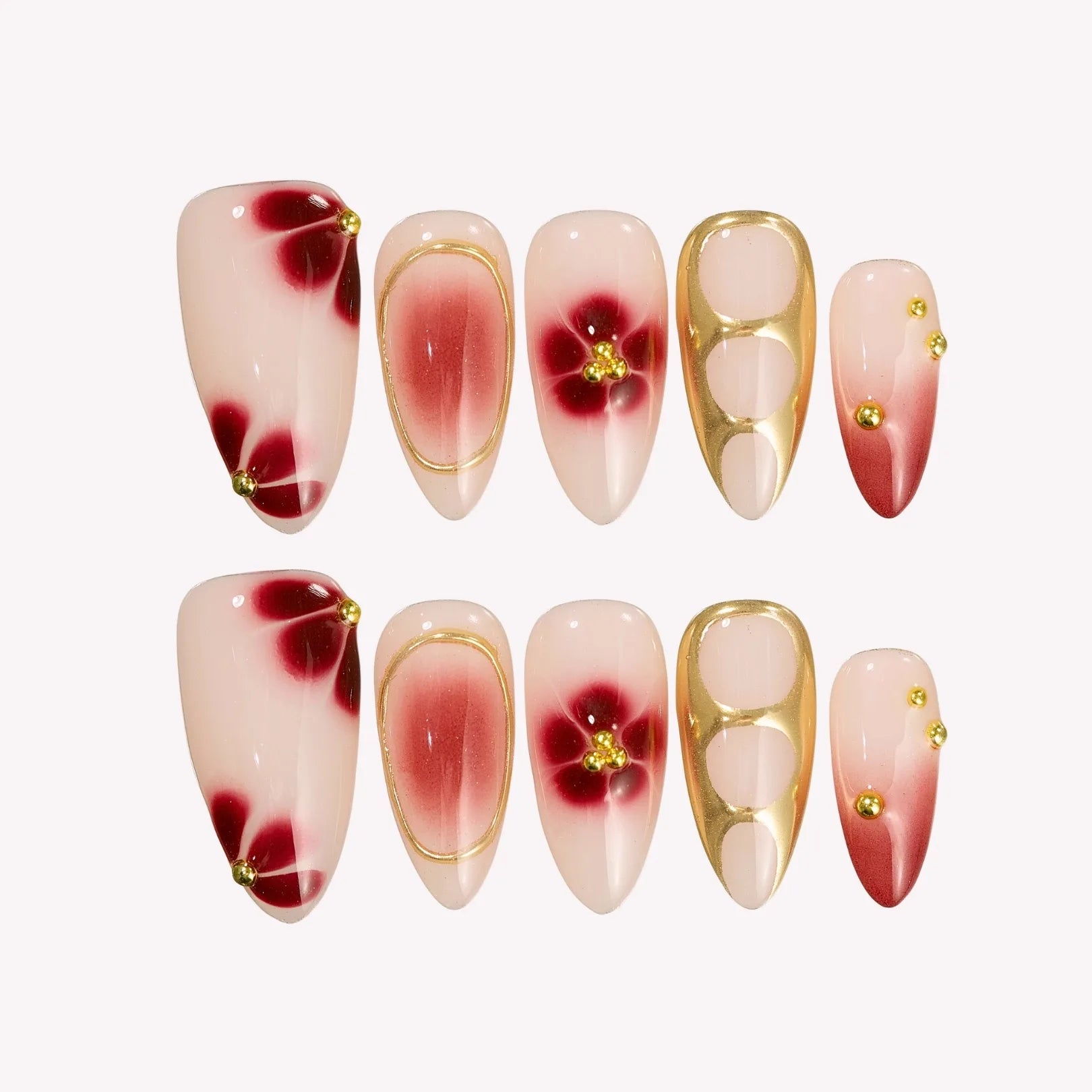 Spiced Bloom - medium almond - Ersa Nails Nude Red Gold PressOnNails