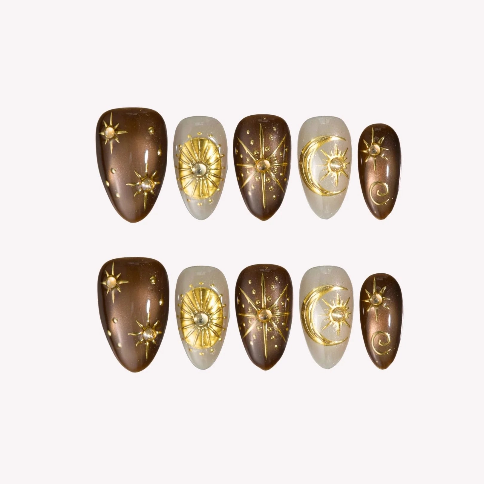 Starfall - Ersa Nails Brown Gold Short Almond PressOnNails