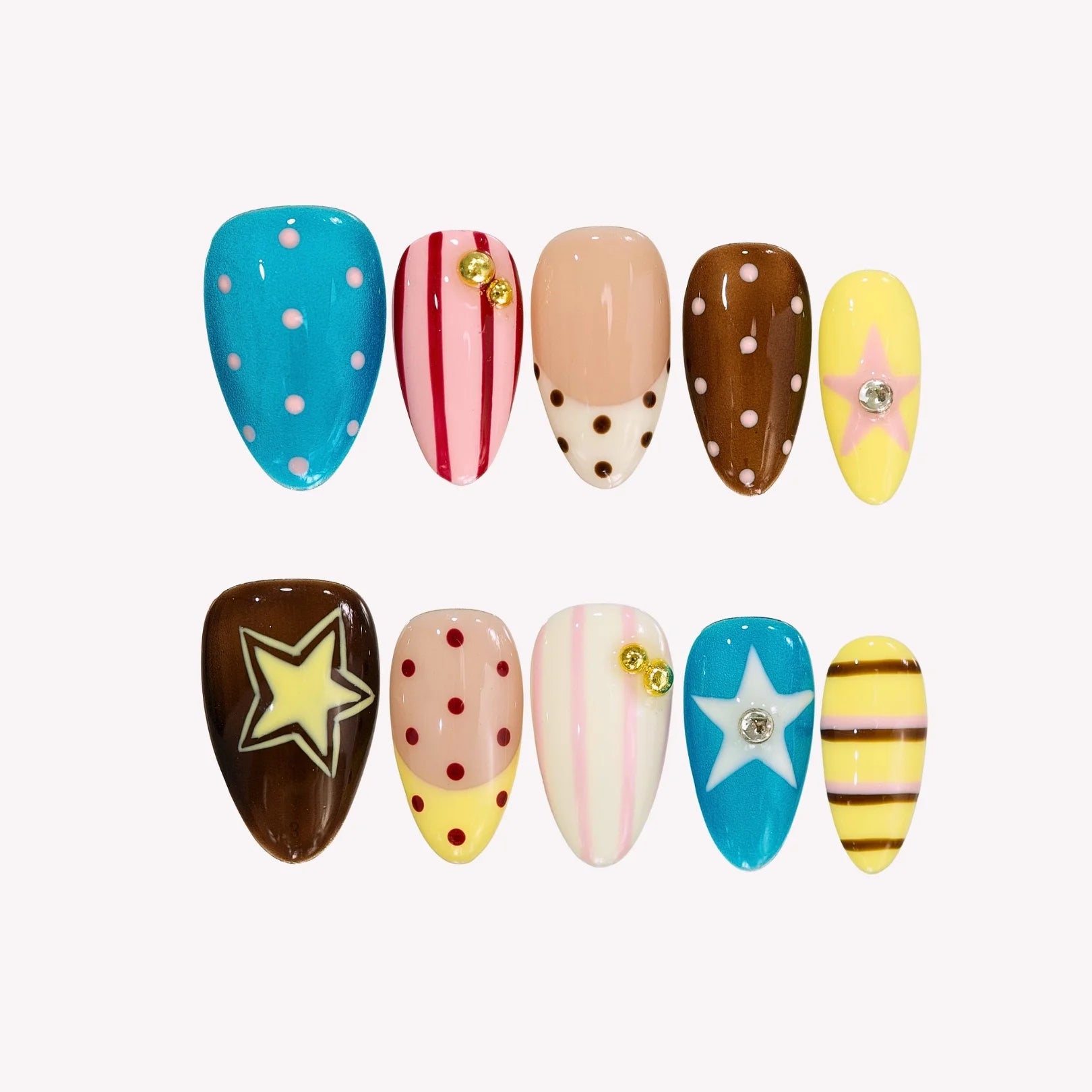 Sugar Rush - Ersa Nails Blue Pink Yellow Brown PressOnNails