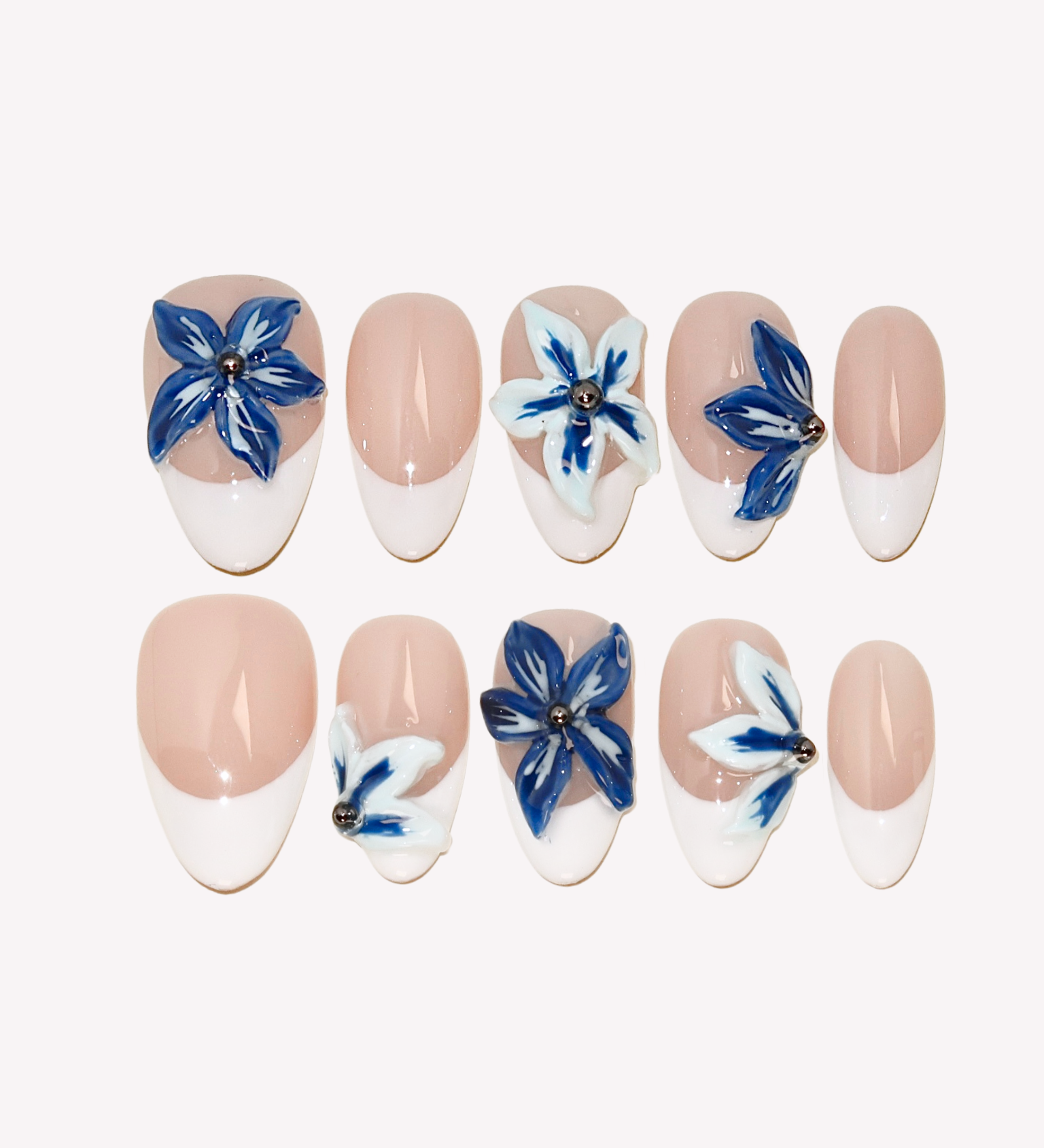 Surf’s Up - Ersa Nails Nude Blue White PressOnNails