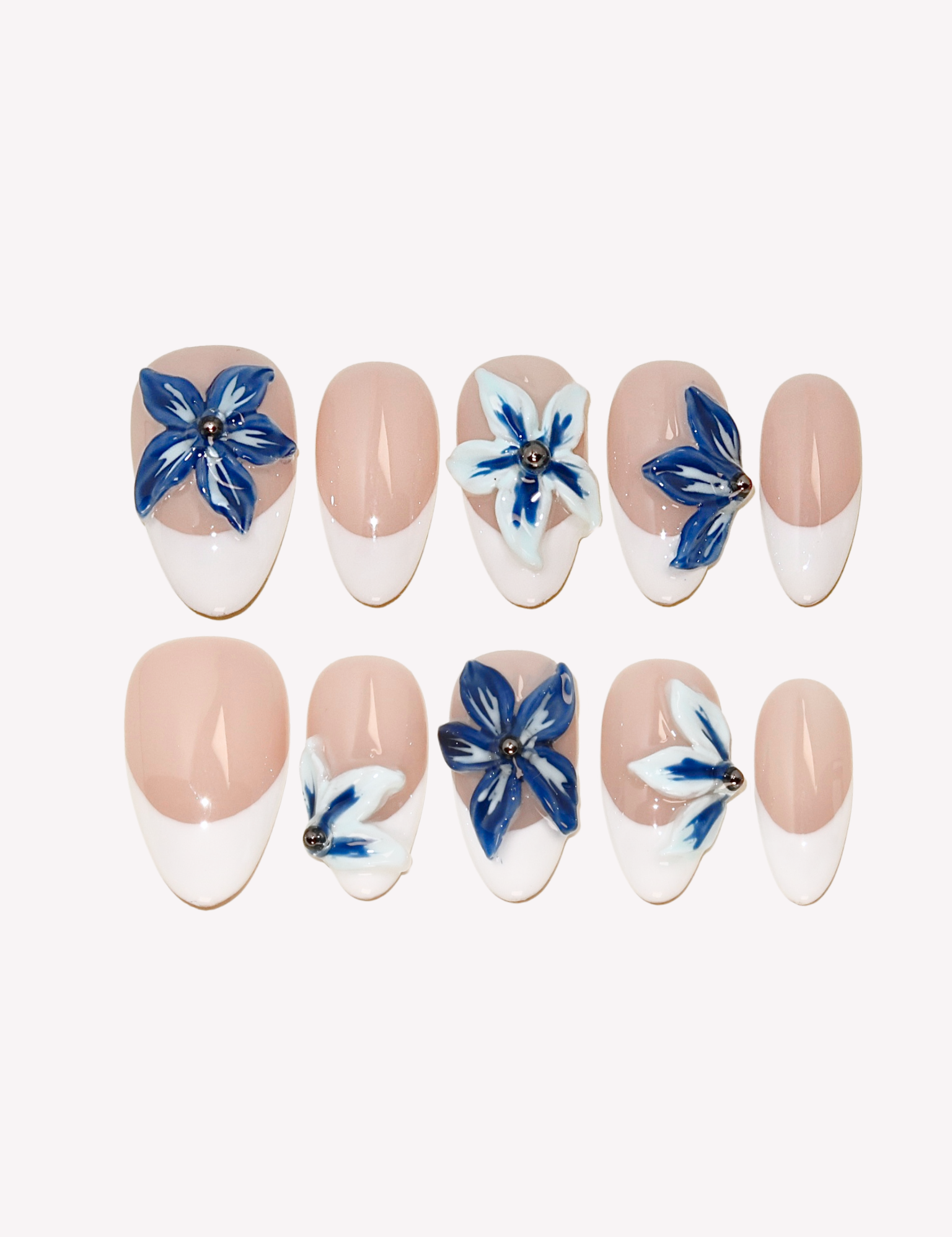 Surf’s Up - Ersa Nails Nude Blue White PressOnNails