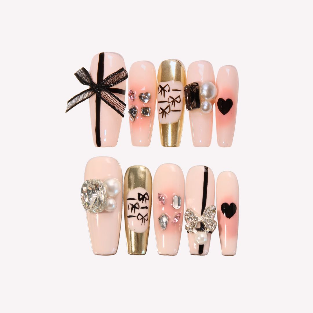 Sweet Temptation - Ersa Nails Pink Gold Long Coffin PressOnNails