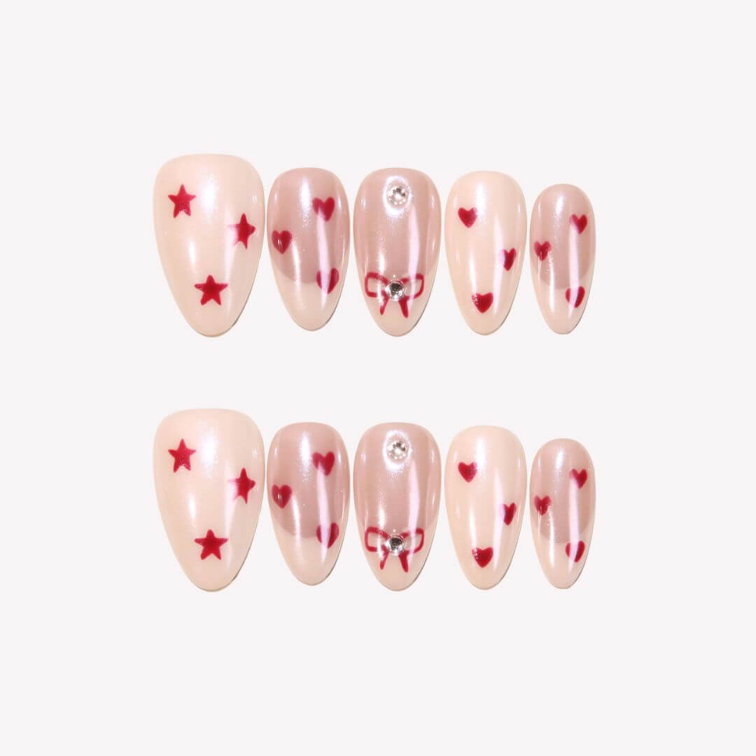 The Lucky One - Ersa Nails Nude White Red PressOnNails