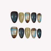 Toasty Days - Ersa Nails Brown Blue Gold Short Almond PressOnNails