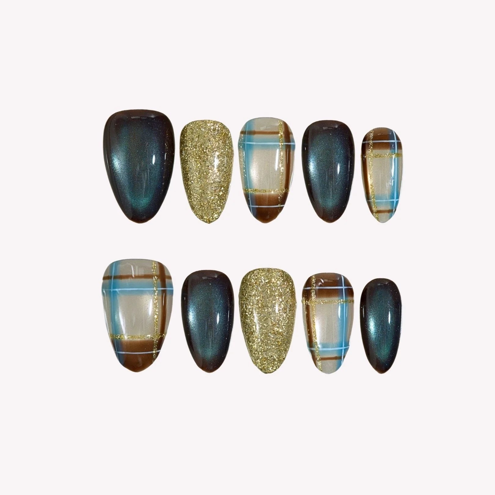 Toasty Days - Ersa Nails Brown Blue Gold Short Almond PressOnNails
