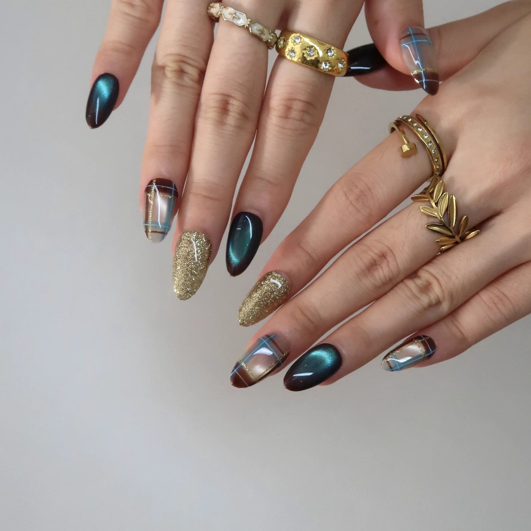 Toasty Days - Ersa Nails Brown Blue Gold Short Almond PressOnNails