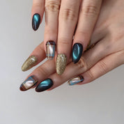 Toasty Days - Ersa Nails Brown Blue Gold Short Almond PressOnNails