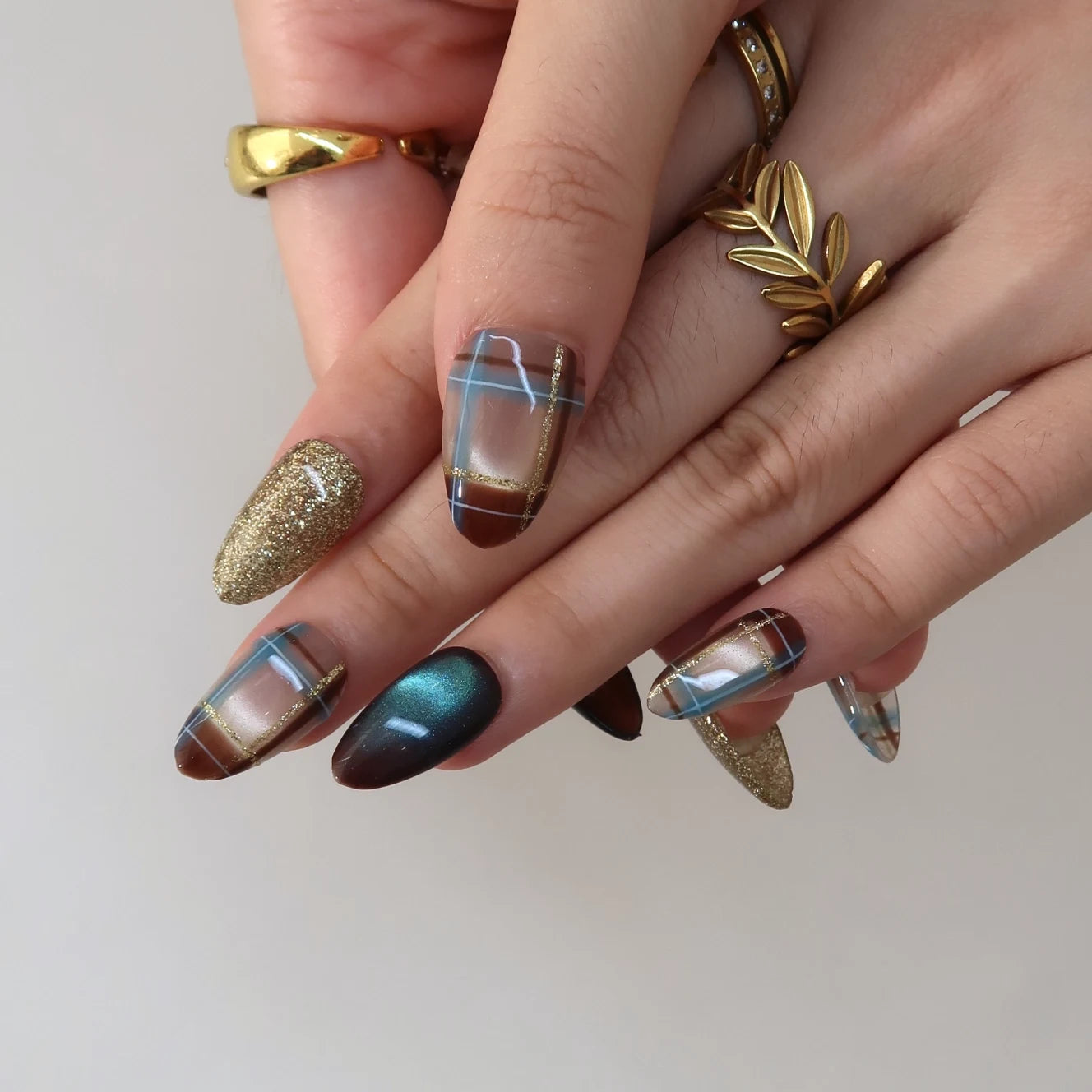 Toasty Days - Ersa Nails Brown Blue Gold Short Almond PressOnNails
