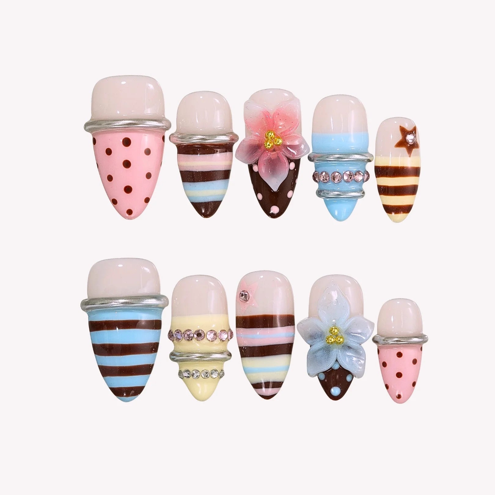 Too Sweet to Resist - Ersa Nails Pink Blue Yellow Brown PressOnNails