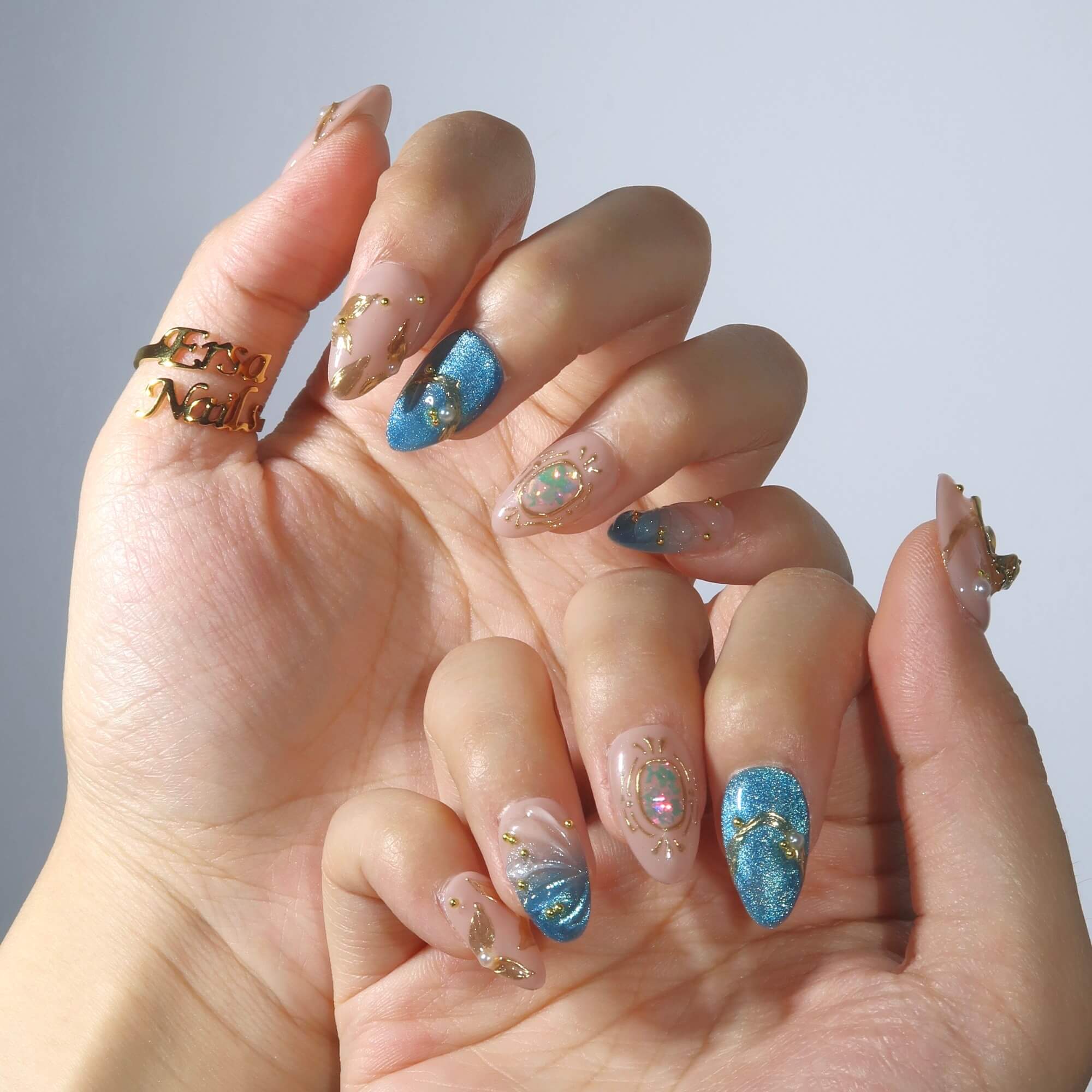 True Blue - Ersa Nails Nude Gold Blue PressOnNails