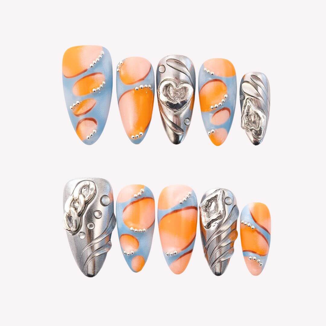 Unchained Soul - Ersa Nails Nude Silver Blue Orange PressOnNails