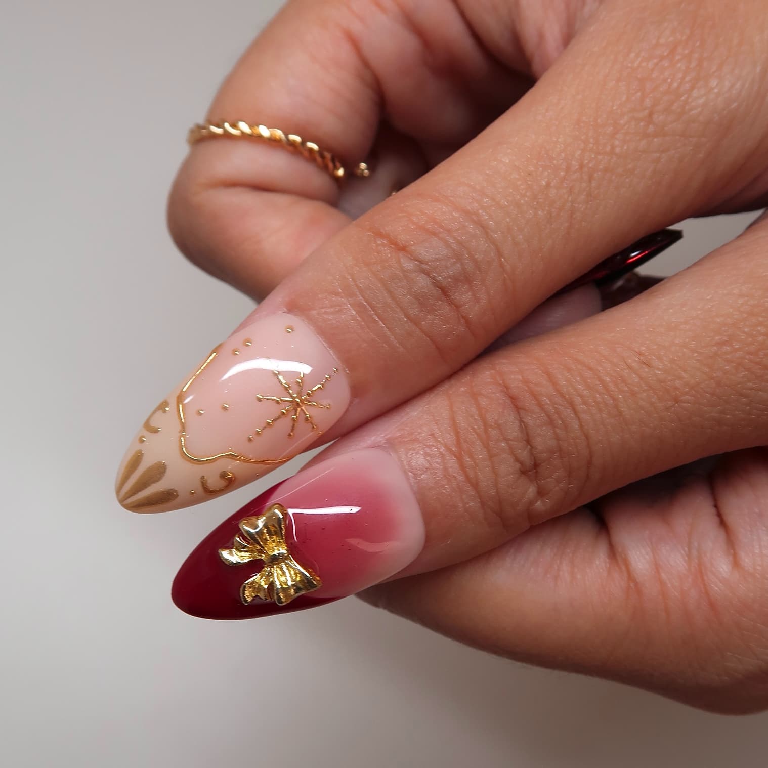 Under the Bow - Ersa Nails Nude Red Gold PressOnNails