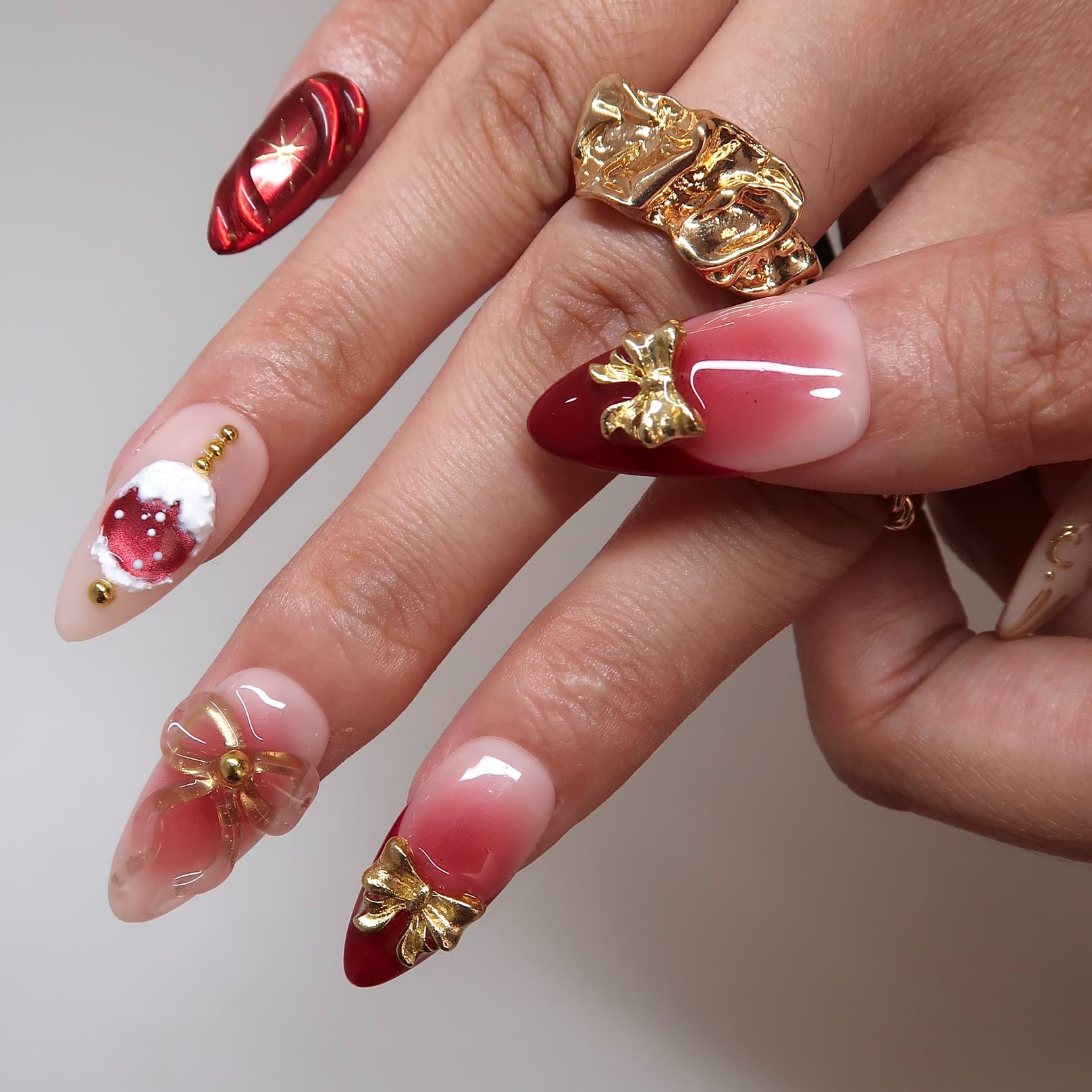 Under the Bow - Ersa Nails Nude Red Gold PressOnNails