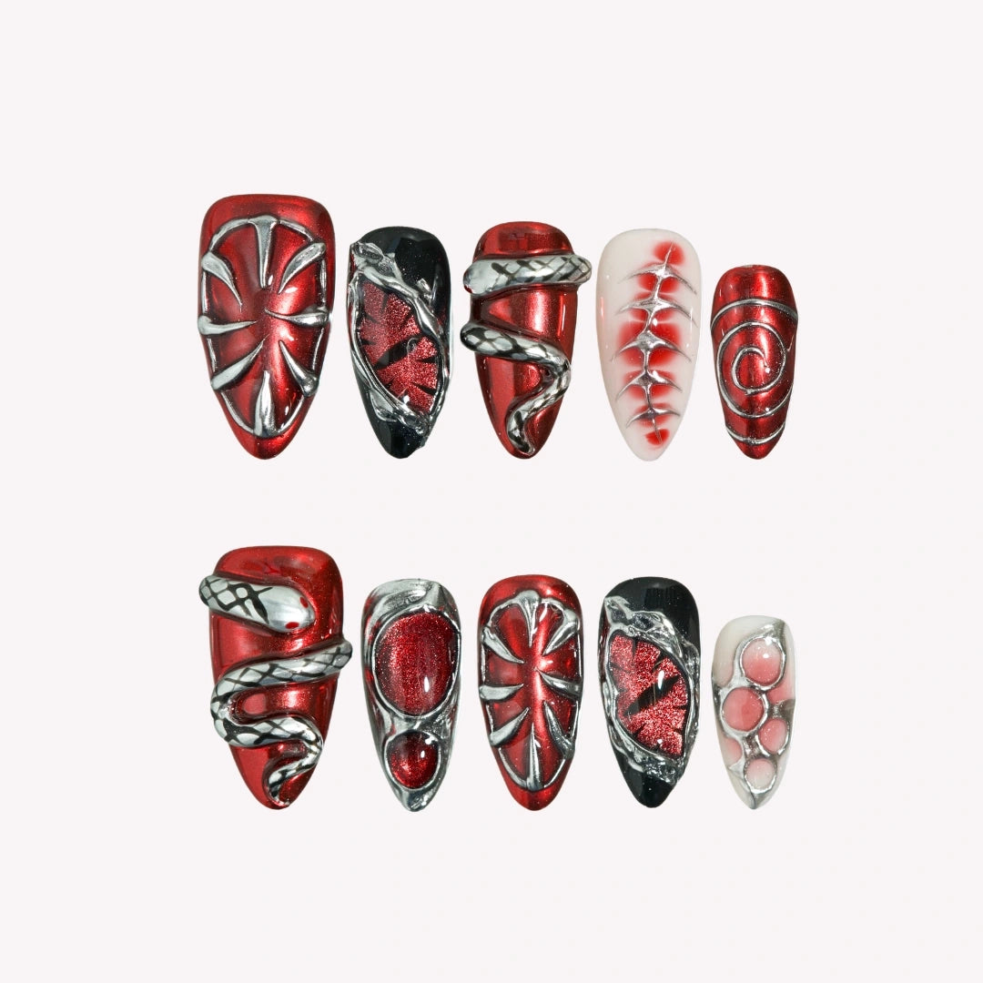 Venomous - Ersa Nails Red Silver PressOnNails