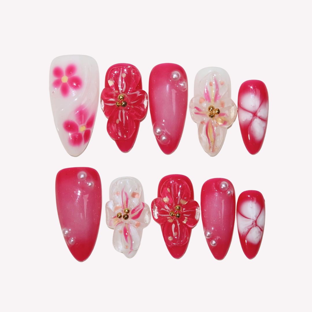 Verdant Dreams - Ersa Nails Red Pink Med Almond PressOnNails