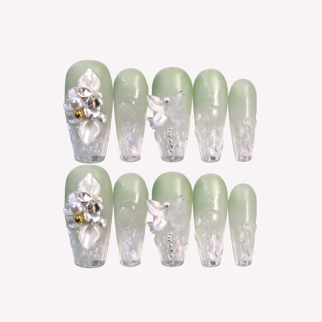 Water Lilies - Ersa Nails Jade White Medium Coffin PressOnNails