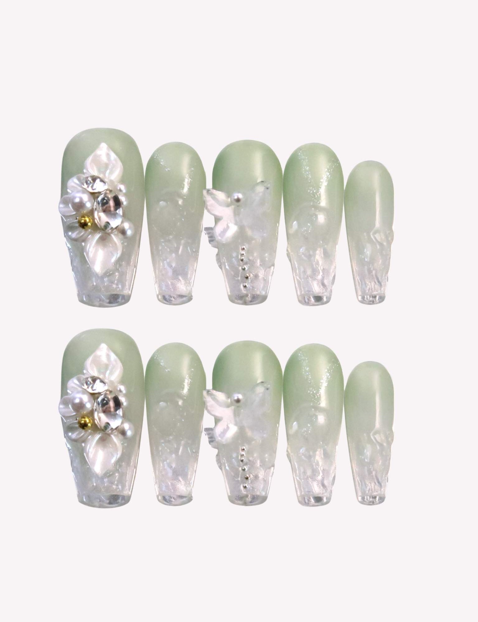 Water Lilies - Ersa Nails Jade White Medium Coffin PressOnNails