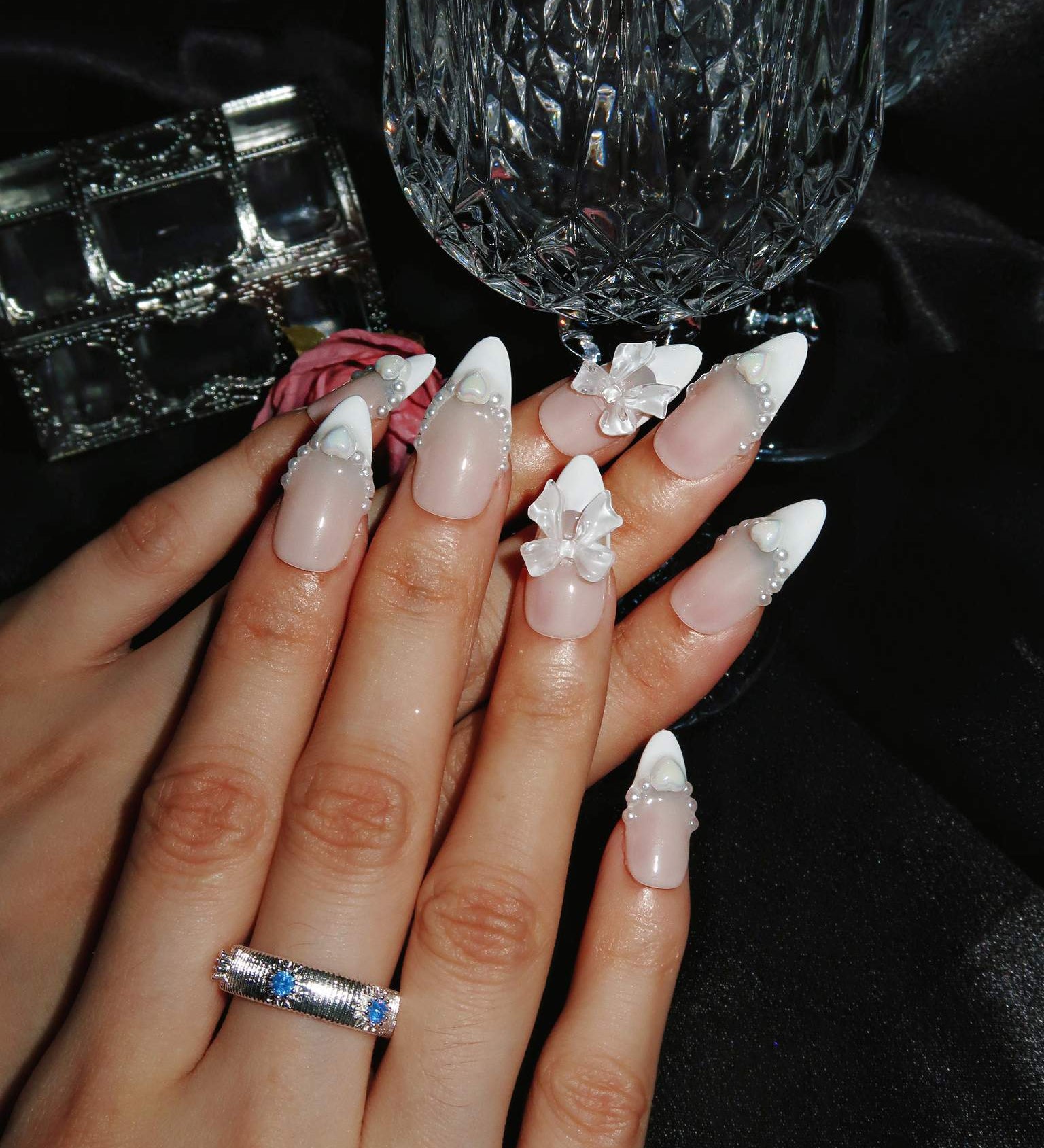 White Ribbon - Ersa Nails Nude White Med Almond PressOnNails