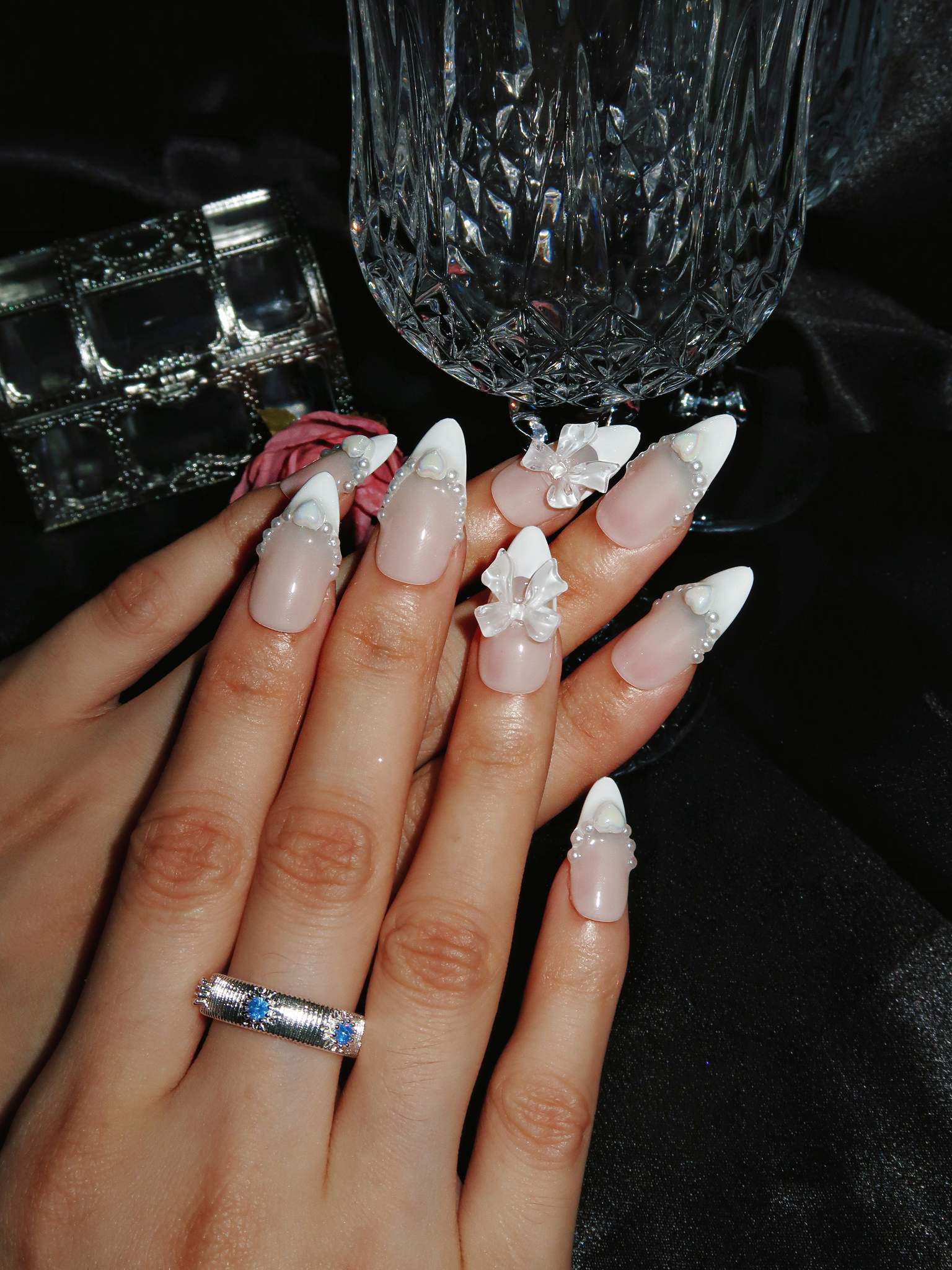 White Ribbon - Ersa Nails Nude White Med Almond PressOnNails