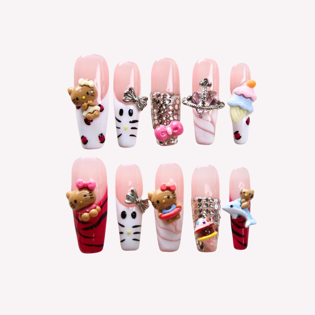 Y2K Kitty - Ersa Nails Pink White Red PressOnNails